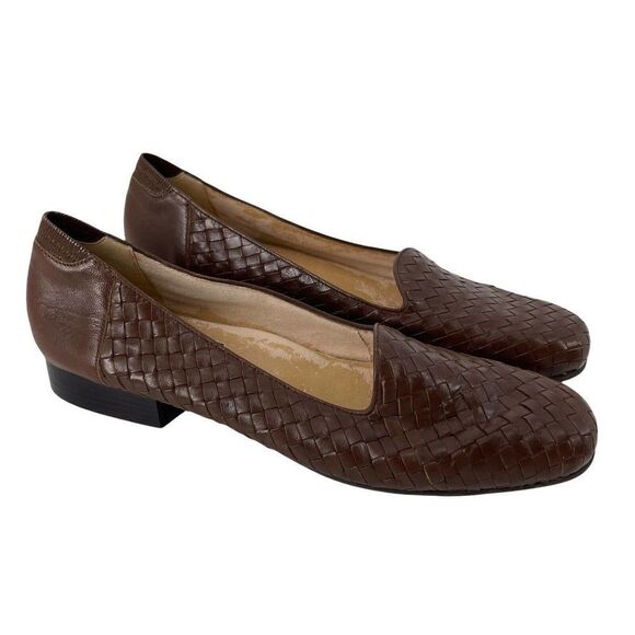 Brown Leather Basket Weave Shoes Selby Vintage Square Toe Block Heel Size 10 AA - Picture 1 of 10